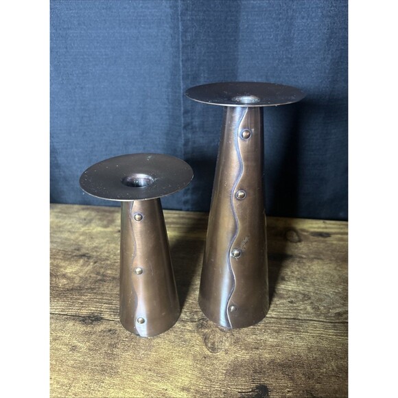 Partylite Copper Metal Taper candle Stick Holders Faux Rivets Design Vtg India - Picture 3 of 11